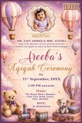 Hot Air Balloons Islamic Aqiqah Invitation Card with Baby Add Photo Frame, Teddy Bear & Pastel Fairytale Theme