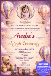 Hot Air Balloons Islamic Aqiqah Invitation Card with Baby Add Photo Frame, Teddy Bear & Pastel Fairytale Theme