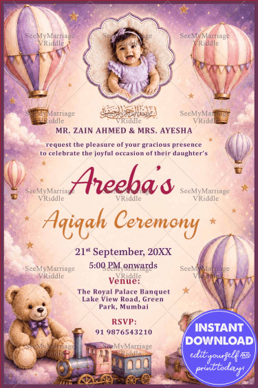 Hot Air Balloons Islamic Aqiqah Invitation Card with Baby Add Photo Frame, Teddy Bear & Pastel Fairytale Theme