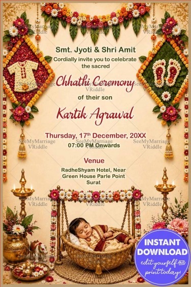 Indian Theme Traditional Chhathi Ceremony Invitation Card with Golden Diyas, Baby Cradle Illustration & Festive Decor