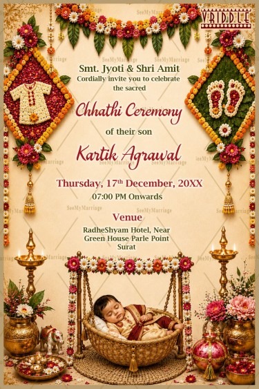 Indian Theme Traditional Chhathi Ceremony Invitation Card with Golden Diyas, Baby Cradle Illustration & Festive Decor