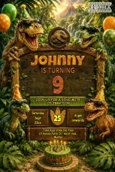 Jurassic Dinosaur Birthday Invitation Card with Party Hat Dinosaurs, Jungle Theme & Wooden Adventure Board