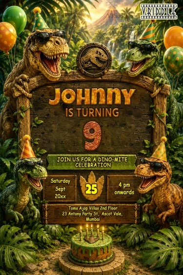 Jurassic Dinosaur Birthday Invitation Card with Party Hat Dinosaurs, Jungle Theme & Wooden Adventure Board