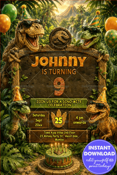 Jurassic Dinosaur Birthday Invitation Card with Party Hat Dinosaurs, Jungle Theme & Wooden Adventure Board