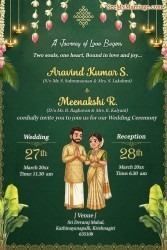 Kerala Wedding Invitation Card with Couple Illustration and Lotus Hangings and Banana Leaf Design