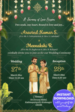 Kerala Wedding Invitation Card with Couple Illustration and Lotus Hangings and Banana Leaf Design