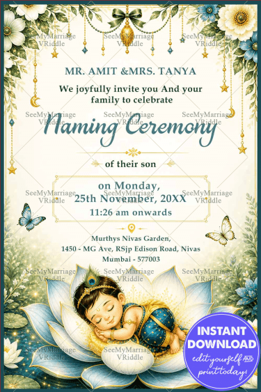 Krishna-Inspired Baby Illustration Naming Ceremony Invitation Card with Lotus Theme
