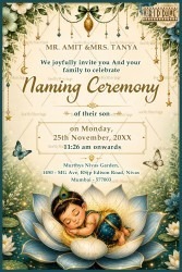 Krishna-Inspired Baby Illustration Naming Ceremony Invitation Card with Lotus Theme