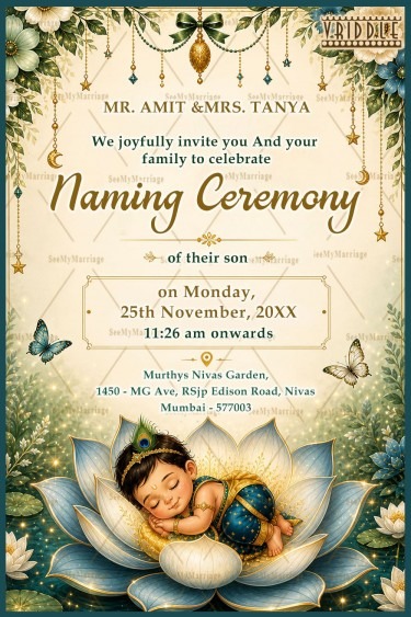 Krishna-Inspired Baby Illustration Naming Ceremony Invitation Card with Lotus Theme