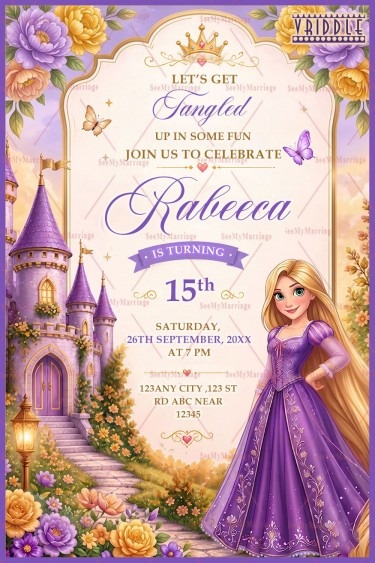 Lavender Floral Theme Princess Birthday Invitation with Fairytale Castle & Enchanted Princess Illustration
