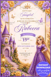 Lavender Floral Theme Princess Birthday Invitation with Fairytale Castle & Enchanted Princess Illustration