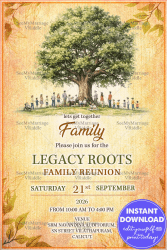 Legacy Roots Family Reunion Invitation with Majestic Tree Illustration, Autumn Leaf Borders & Generational Gathering Theme