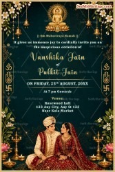 Mahavira Aura Jain Wedding Invitation with, floral & Hanging bells & Couple Illustration