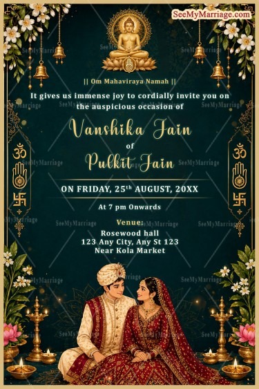 Mahavira Aura Jain Wedding Invitation with, floral & Hanging bells & Couple Illustration