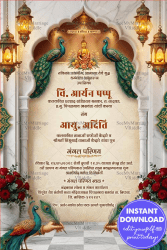 Marathi Royal Wedding Invitation Card with Marble Mughal Arch, Peacock Motifs & Lantern Decor