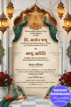 Marathi Royal Wedding Invitation Card with Marble Mughal Arch, Peacock Motifs & Lantern Decor