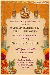 Marigold Floral Mandap Muhurat & Pithi Invitation with Lord Ganesha Motif, Hanging Lanterns