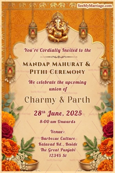 Marigold Floral Mandap Muhurat & Pithi Invitation with Lord Ganesha Motif, Hanging Lanterns