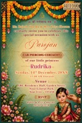 Marigold Garlands Floral Parojan Ear-Piercing Ceremony Invitation Card with Floral Borders & Baby Girl Illustration