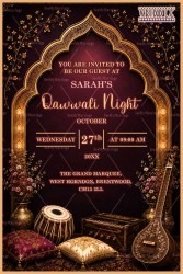 Maroon Theme Qawwali Night Invitation Card with Golden Mughal Arch, Musical Instruments