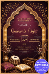 Maroon Theme Qawwali Night Invitation Card with Golden Mughal Arch, Musical Instruments