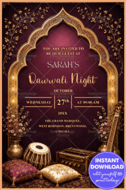 Maroon Theme Qawwali Night Invitation Card with Golden Mughal Arch, Musical Instruments