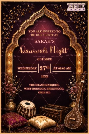 Maroon Theme Qawwali Night Invitation Card with Golden Mughal Arch, Musical Instruments