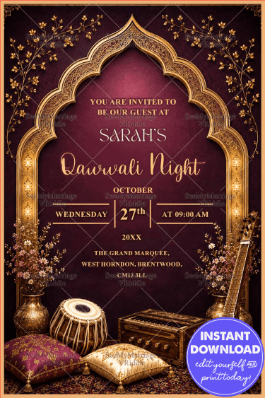 Maroon Theme Qawwali Night Invitation Card with Golden Mughal Arch, Musical Instruments