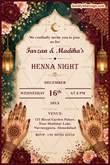 Mehndi Hand Art Henna Night Invitation Card with Floral Decorations, Hanging Lanterns & Royal Mughal Arch Theme