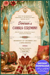 Mehndi Hands Choora Ceremony Invitation Card with Floral Decor, Dhol & Golden Lantern Theme