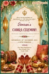 Mehndi Hands Choora Ceremony Invitation Card with Floral Decor, Dhol & Golden Lantern Theme
