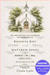 Minimal Christian Wedding Invitation Card with Watercolor Church Illustration, Botanical Greenery & Rustic Typography