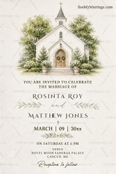 Minimal Christian Wedding Invitation Card with Watercolor Church Illustration, Botanical Greenery & Rustic Typography