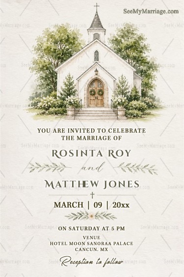 Minimal Christian Wedding Invitation Card with Watercolor Church Illustration, Botanical Greenery & Rustic Typography