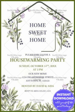Minimal Line House Frame House warming Invitation with Olive Branch Accents & Soft Floral Corners