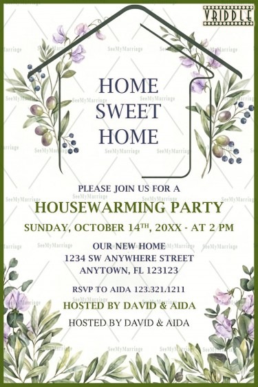 Minimal Line House Frame House warming Invitation with Olive Branch Accents & Soft Floral Corners