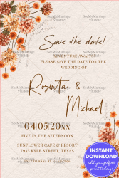 Minimal Wildflower Save the Date Wedding Invitation Card with Rustic Floral Corners & Handwritten Typography