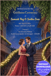 Moonlit Golddhana Ceremony Invitation with Grand Staircase Lights, Starry Night Background & Romantic Couple Portrait