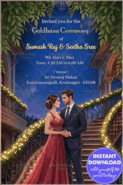 Moonlit Golddhana Ceremony Invitation with Grand Staircase Lights, Starry Night Background & Romantic Couple Portrait