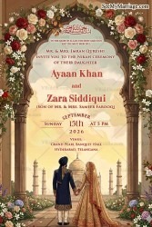Mughal Arch Islamic Nikah Wedding Invitation Card with Floral, Taj Mahal Backdrop & Royal Muslim Couple Illustration
