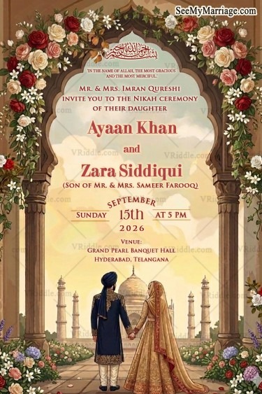 Mughal Arch Islamic Nikah Wedding Invitation Card with Floral, Taj Mahal Backdrop & Royal Muslim Couple Illustration