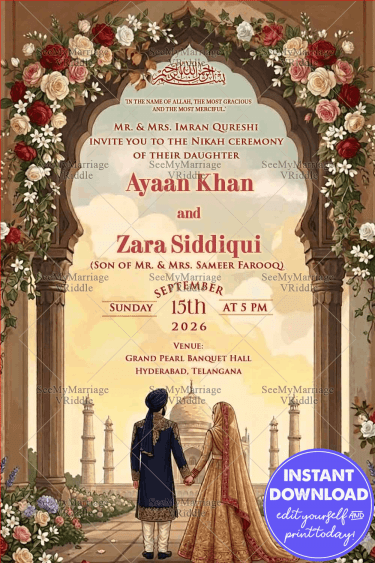 Mughal Arch Islamic Nikah Wedding Invitation Card with Floral, Taj Mahal Backdrop & Royal Muslim Couple Illustration
