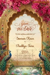 Mughal Style Save the Date Wedding Invitation Card with Mahal Backdrop, Peacock Art & Ornate Arch