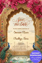 Mughal Style Save the Date Wedding Invitation Card with Mahal Backdrop, Peacock Art & Ornate Arch