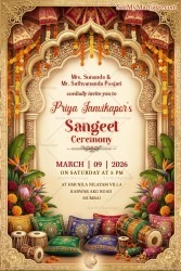 Mughal Theme Sangeet Ceremony Invitation Card with Mughal Arch, Marigold Garlands & Dhol Instruments