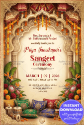 Mughal Theme Sangeet Ceremony Invitation Card with Mughal Arch, Marigold Garlands & Dhol Instruments