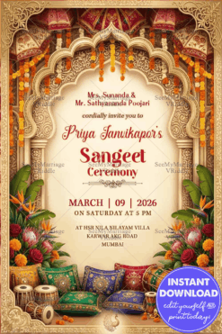 Mughal Theme Sangeet Ceremony Invitation Card with Mughal Arch, Marigold Garlands & Dhol Instruments