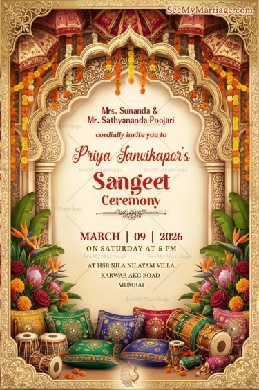Mughal Theme Sangeet Ceremony Invitation Card with Mughal Arch, Marigold Garlands & Dhol Instruments