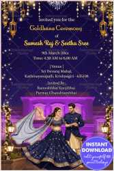 Night Goldhana Ceremony Invitation Card with Starry Sky Background, Hanging Lantern Lights, Palace View and Elegant Couple Illustration