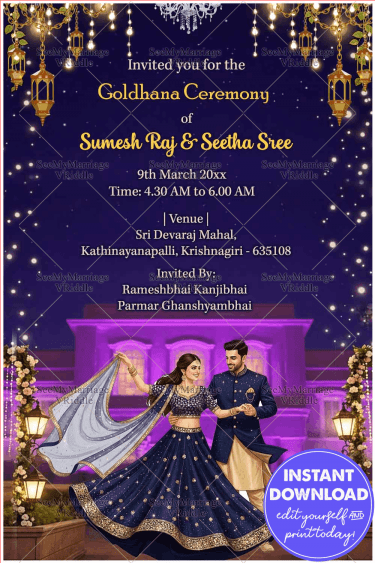 Night Goldhana Ceremony Invitation Card with Starry Sky Background, Hanging Lantern Lights, Palace View and Elegant Couple Illustration